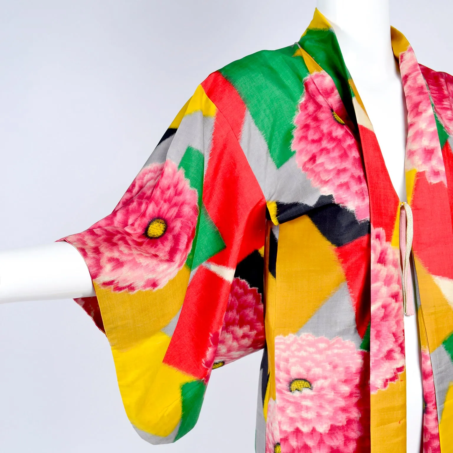 1930's Japanese Haori Silk Kimono Jacket Bold Zinnia & Patchwork Print