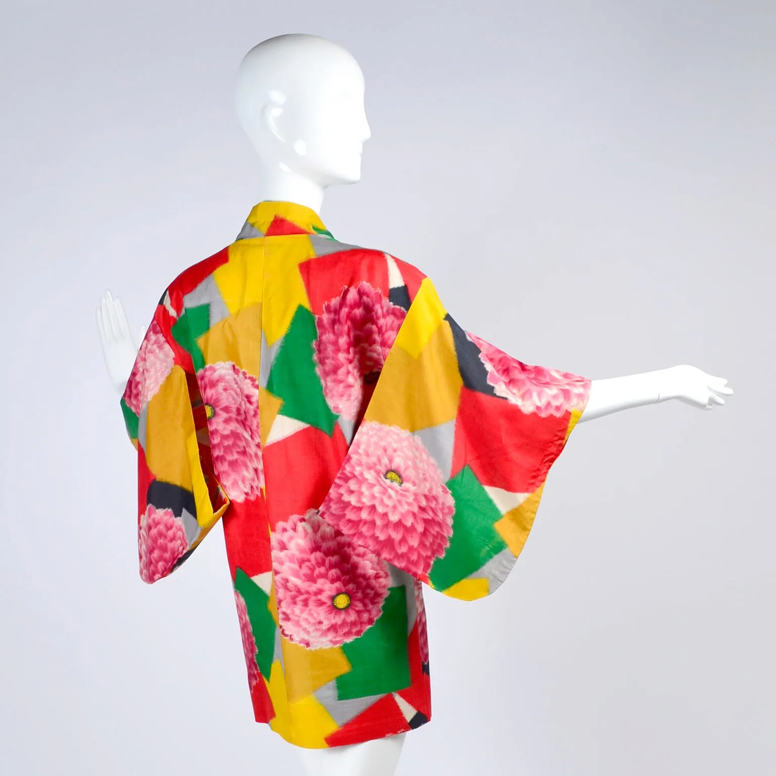 1930's Japanese Haori Silk Kimono Jacket Bold Zinnia & Patchwork Print