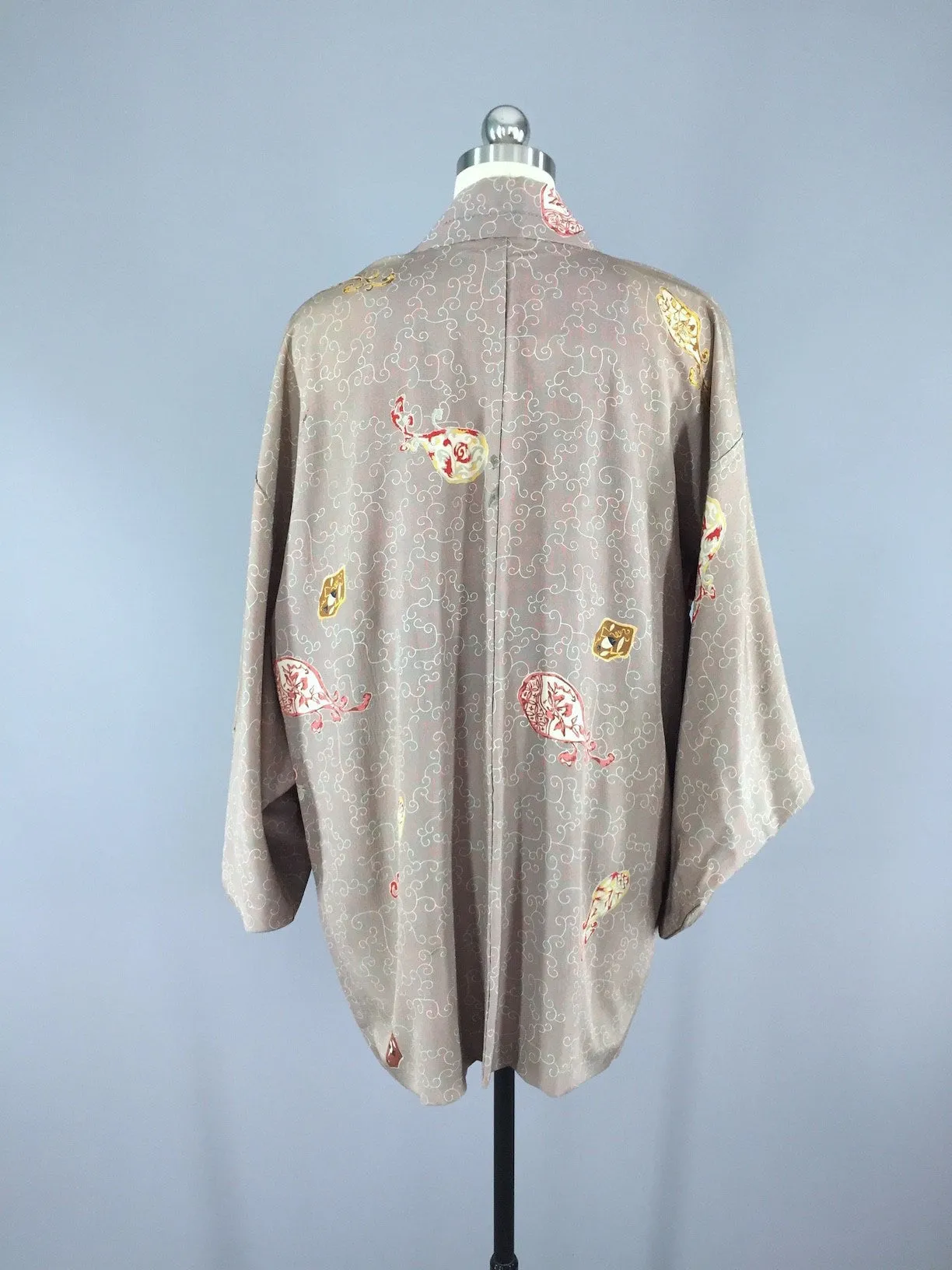 1950s Vintage Silk Haori Kimono Cardigan / Taupe Floral