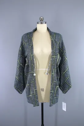 1960s Vintage Silk Haori Kimono Jacket Cardigan / Dark Green Shibori