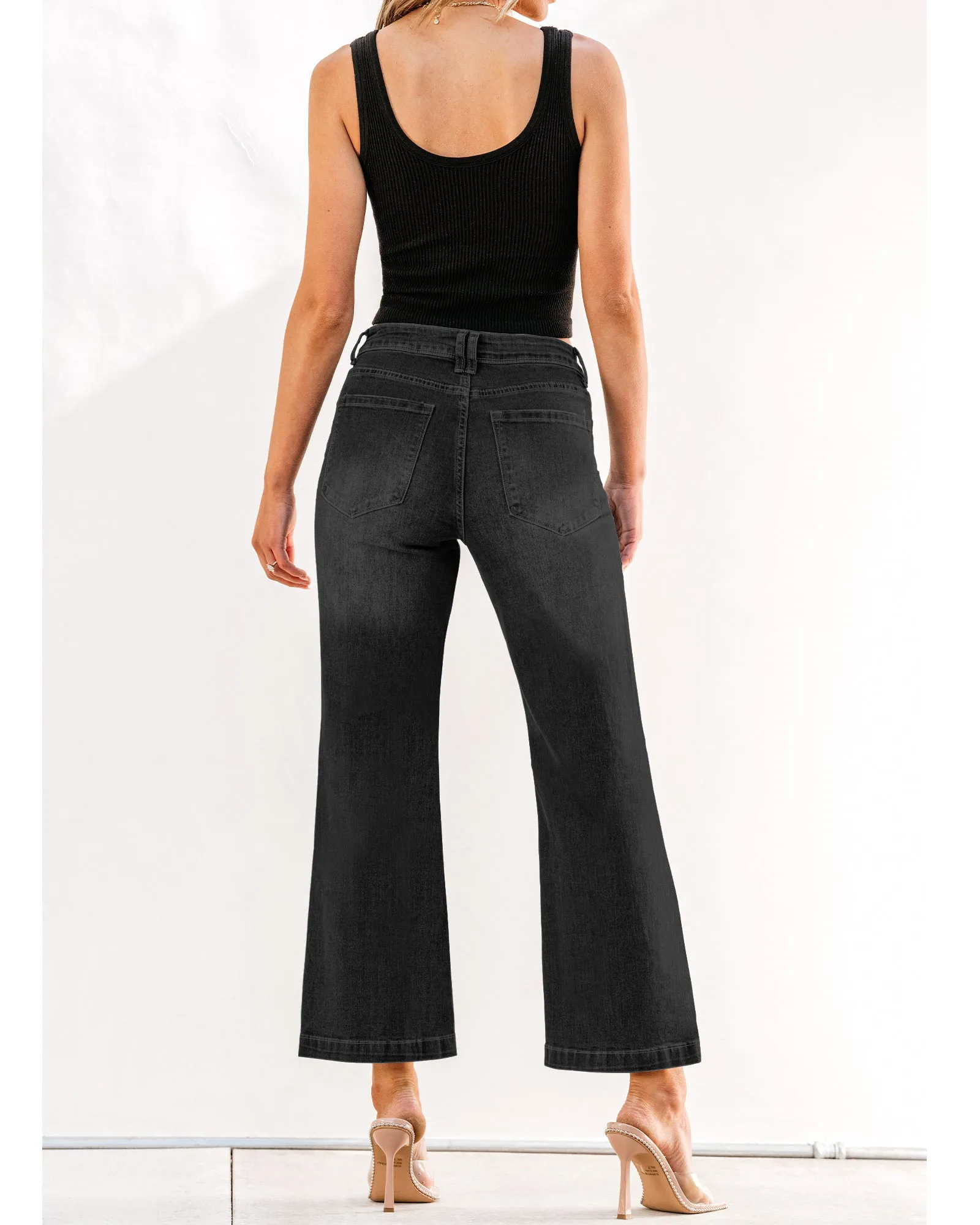 2024 Soft Black Women's Casual Flare High Waisted Jeans Wide Leg Relaxed Fit Stretch Ruched Denim Pants Trouser