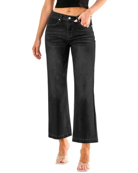 2024 Soft Black Women's Casual Flare High Waisted Jeans Wide Leg Relaxed Fit Stretch Ruched Denim Pants Trouser