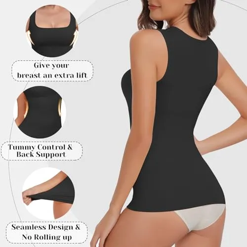 6pecil Shapewear Tummy Control Tank Top Compression Tanks for Women Square Neck Seamless Body Shaper Camisole Cami Tops（Black,Small）