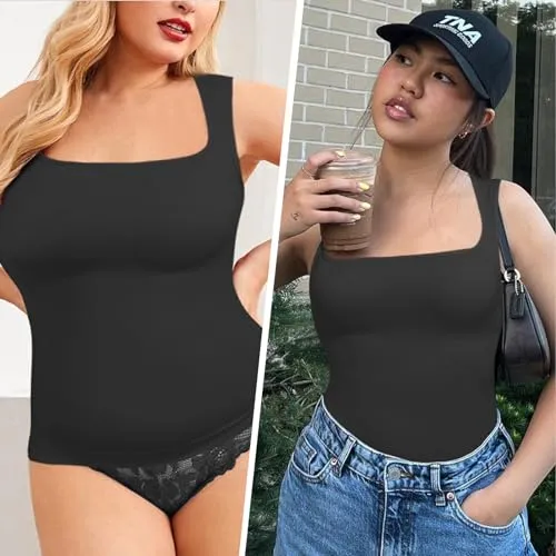 6pecil Shapewear Tummy Control Tank Top Compression Tanks for Women Square Neck Seamless Body Shaper Camisole Cami Tops（Black,Small）