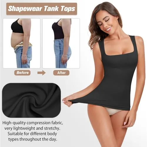 6pecil Shapewear Tummy Control Tank Top Compression Tanks for Women Square Neck Seamless Body Shaper Camisole Cami Tops（Black,Small）