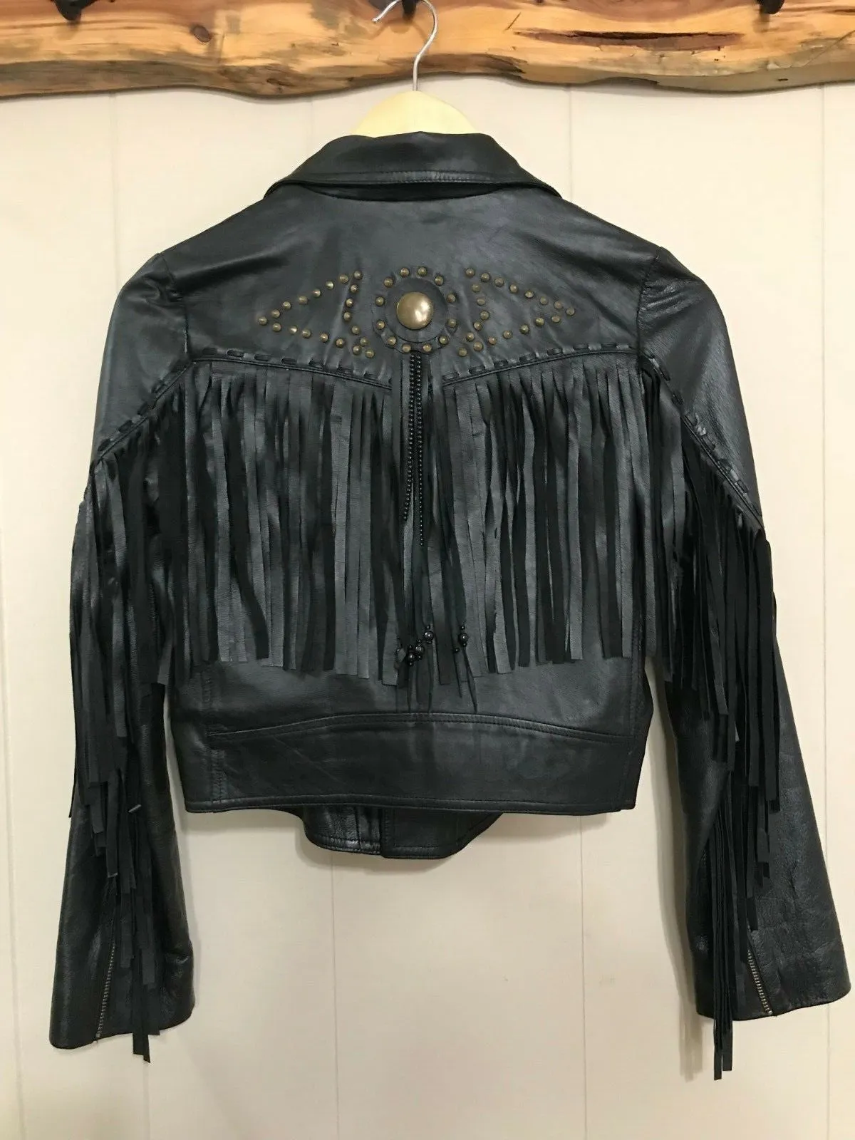 Arnhem "Phoenix" Fringe Black Leather Biker Style Jacket Brass Studded Festival Fringed Sleeves Genuine Cowhide Size Small