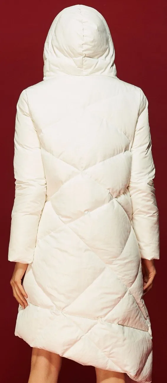 Asymmetric Buckled Hooded Puffer Down Coat in White