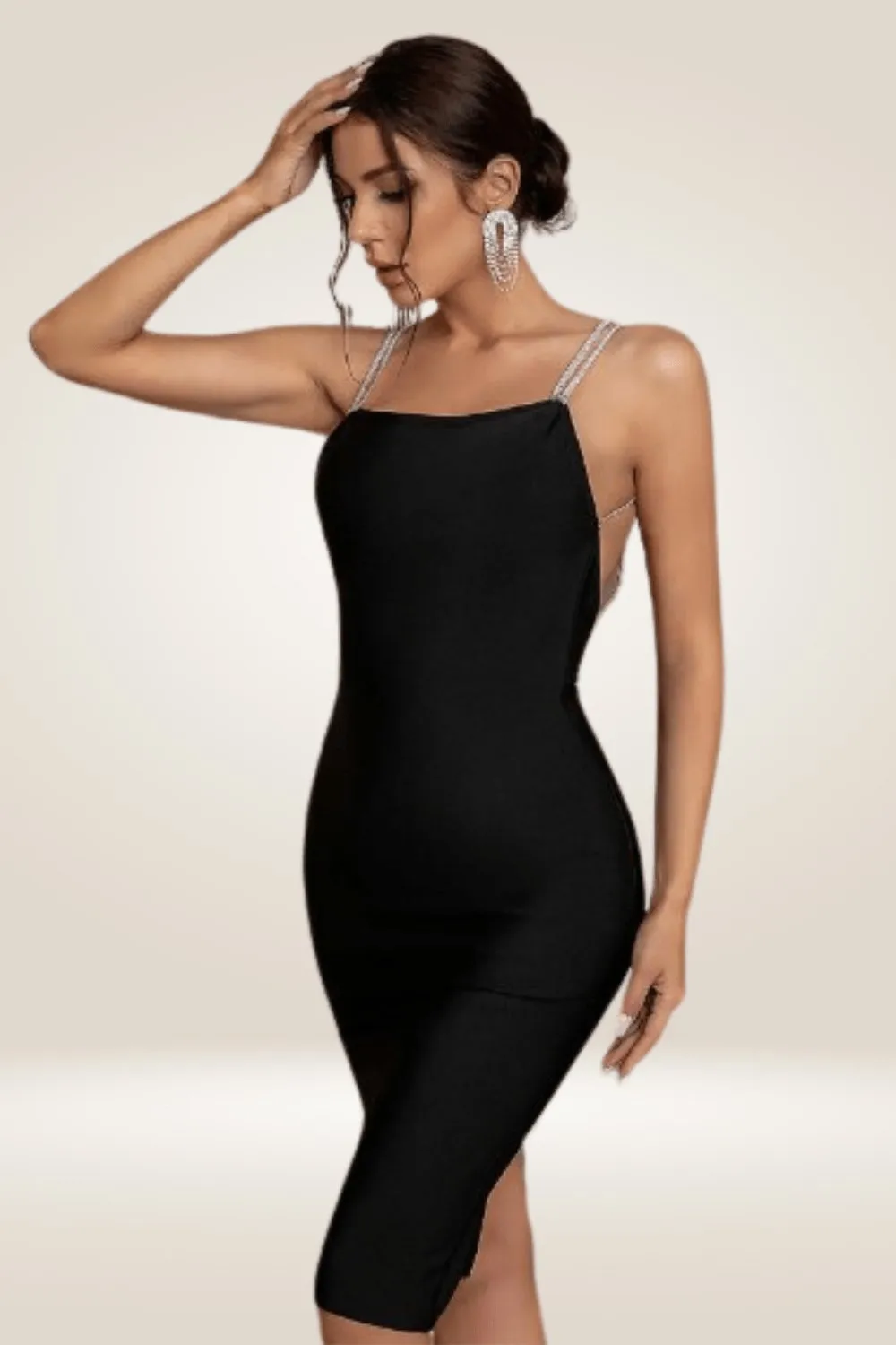 Backless Rhinestone Strap Black Bodycon Dress