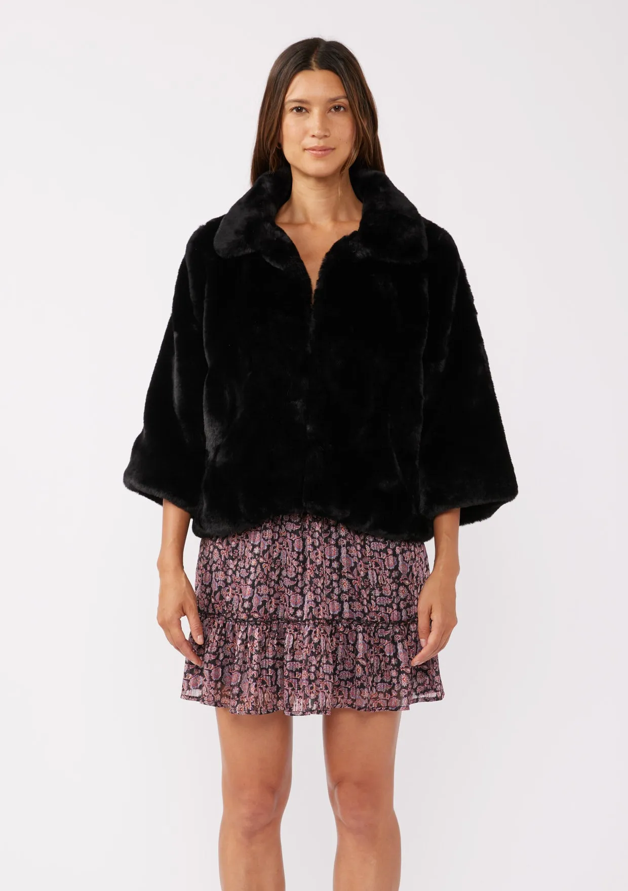 Black Luxe Cropped Sleeve Faux Fur Coat