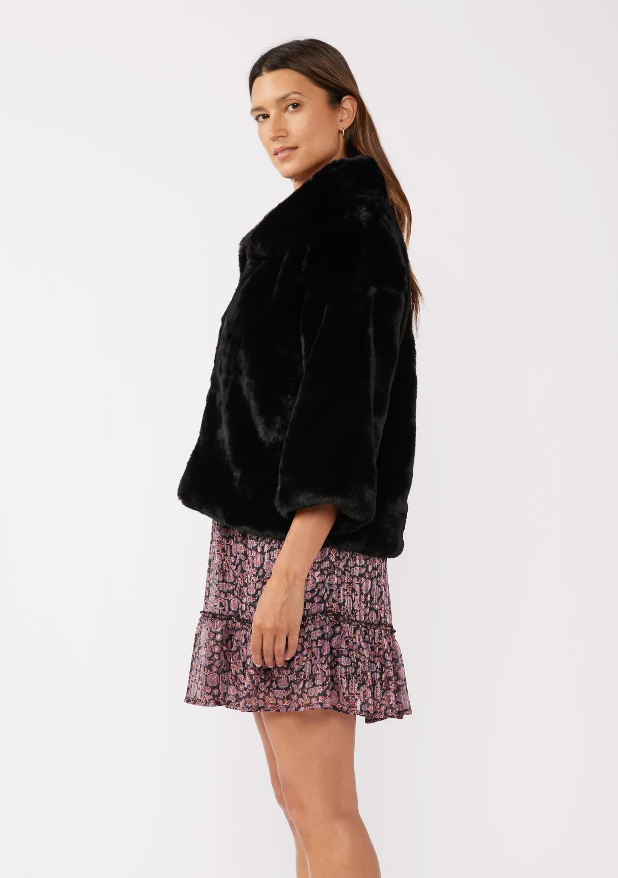 Black Luxe Cropped Sleeve Faux Fur Coat