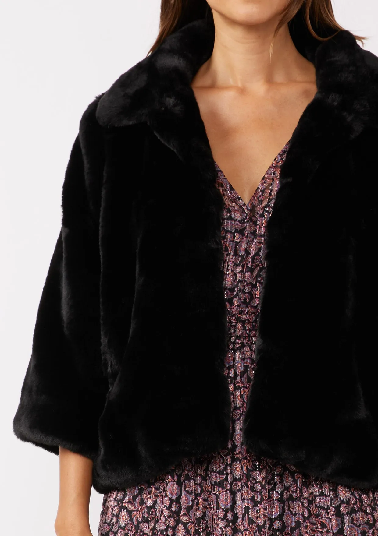 Black Luxe Cropped Sleeve Faux Fur Coat