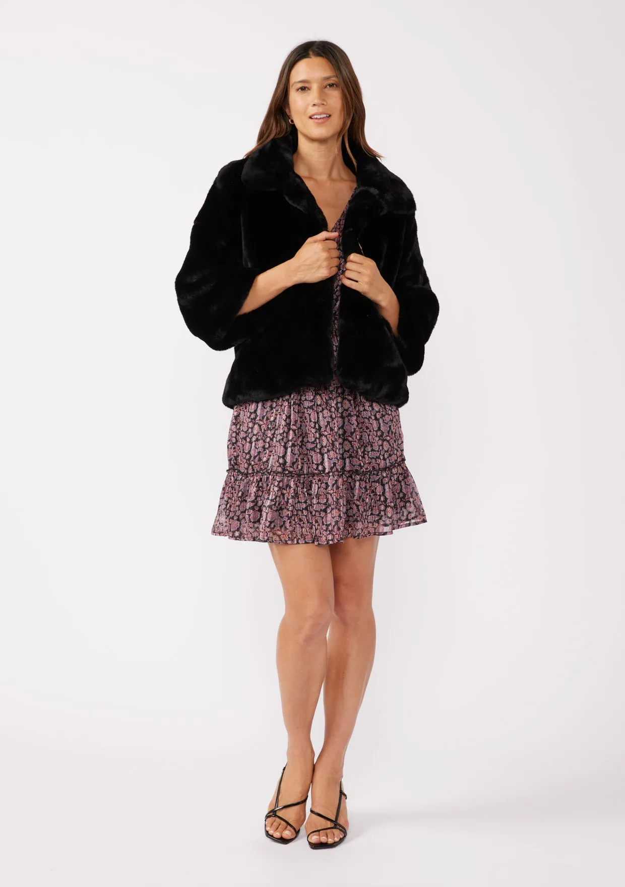 Black Luxe Cropped Sleeve Faux Fur Coat