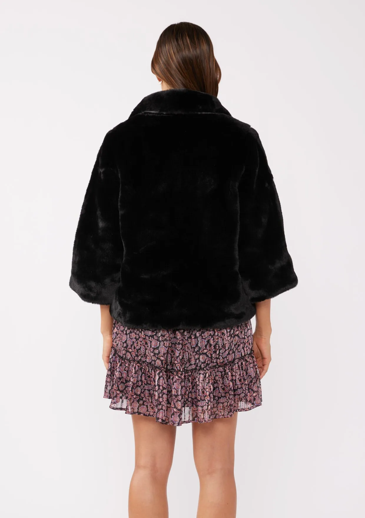 Black Luxe Cropped Sleeve Faux Fur Coat