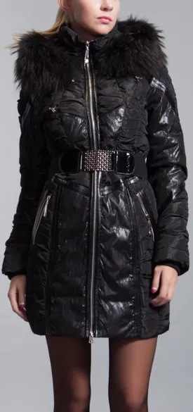 Black Ruched Down Fill Coat with Fox Fur Hood