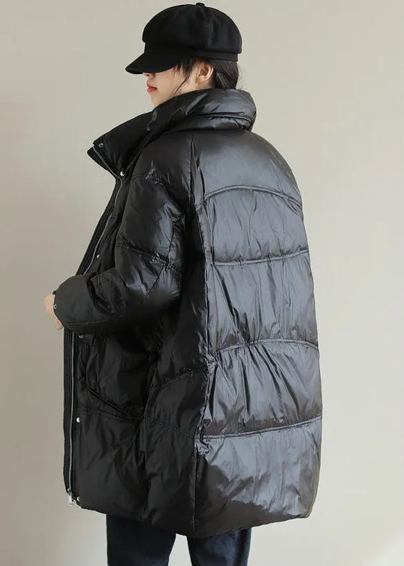 Black Thick Duck Down Down Coat Stand Collar Oversized Pockets Winter