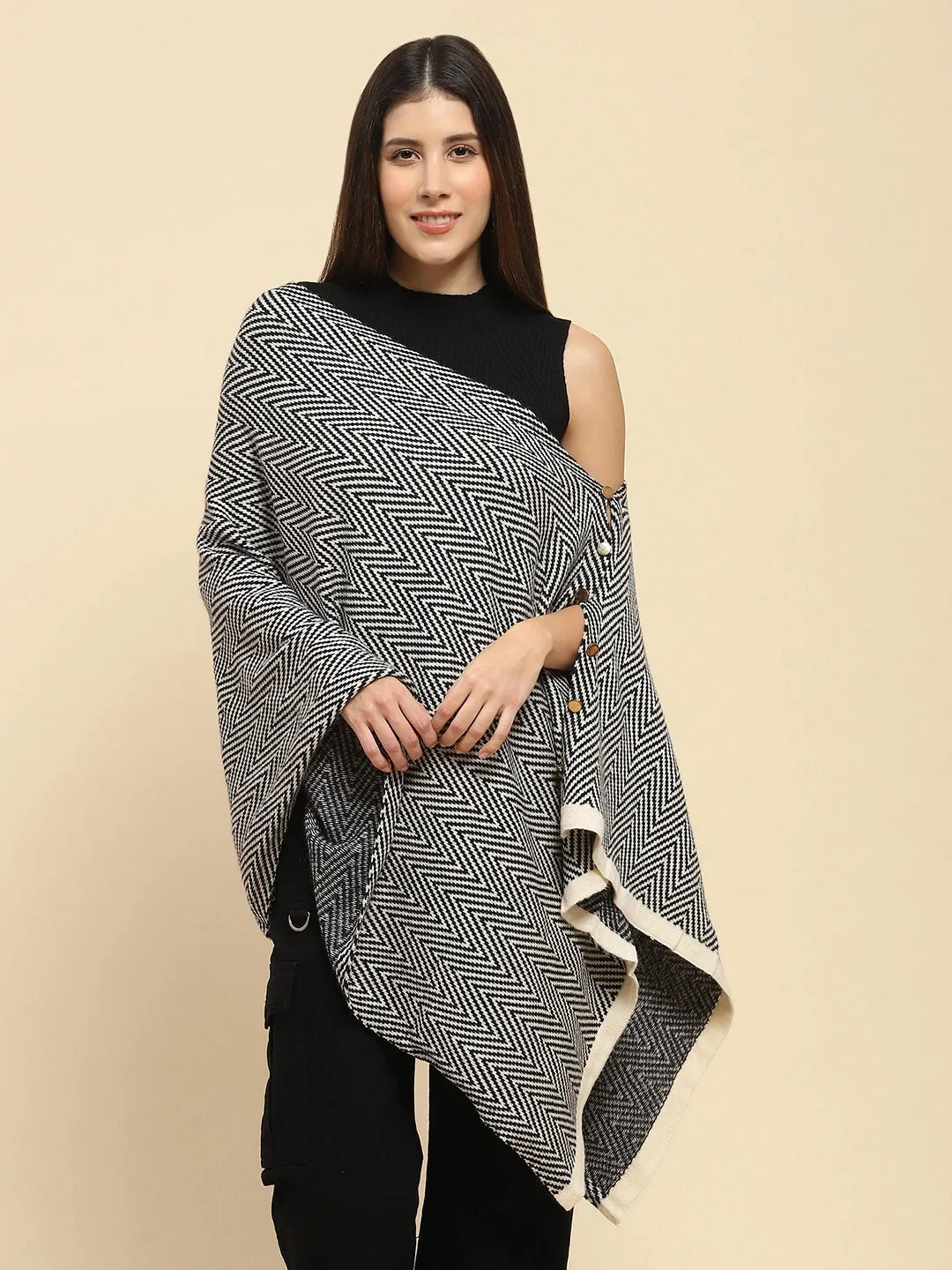 Black Viscose Blend  Knitted Loose Fit Cape/Shawl