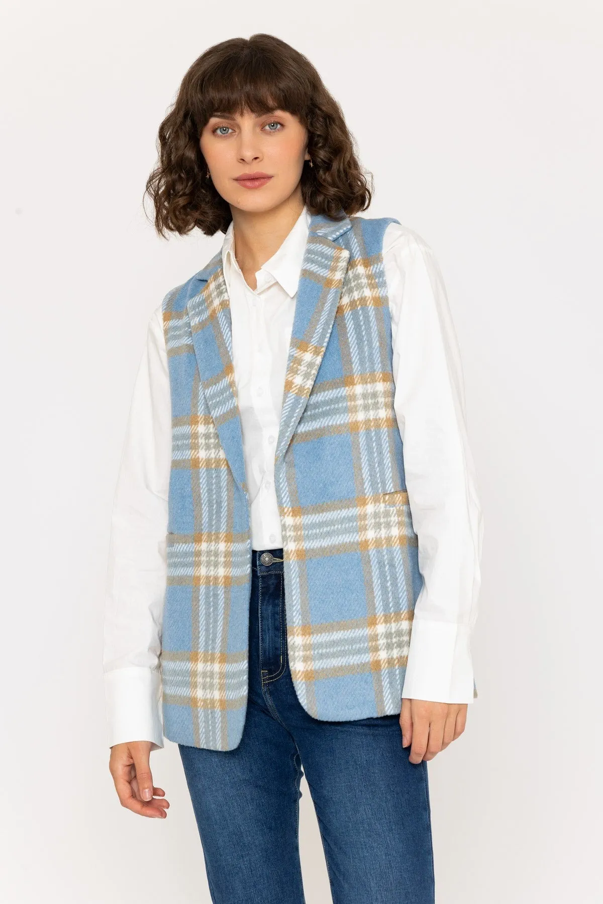 Blue Check Gilet with Notch Lapel Collar