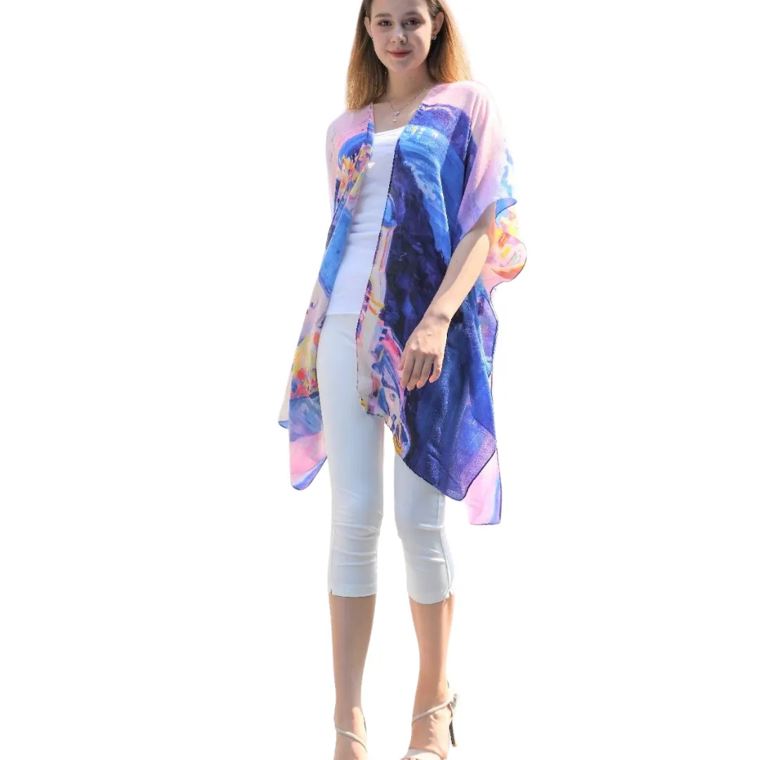 Blue Multi Greece Print Sheer Kimono