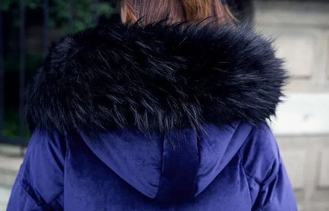 Blue Velvet Down-Fill Coat with Faux-Fur Collar