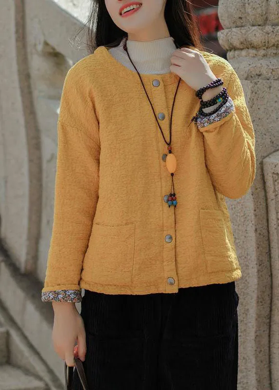 Bohemian Yellow Jacquard Solid Fine Cotton Filled Coat Outwear Winter