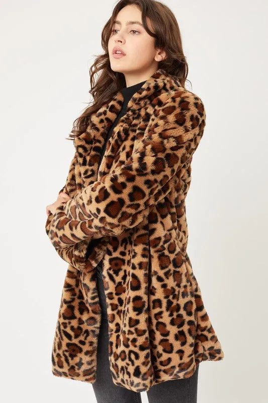 Brown Leopard Print Notch Collar Faux Fur Teddy Coat