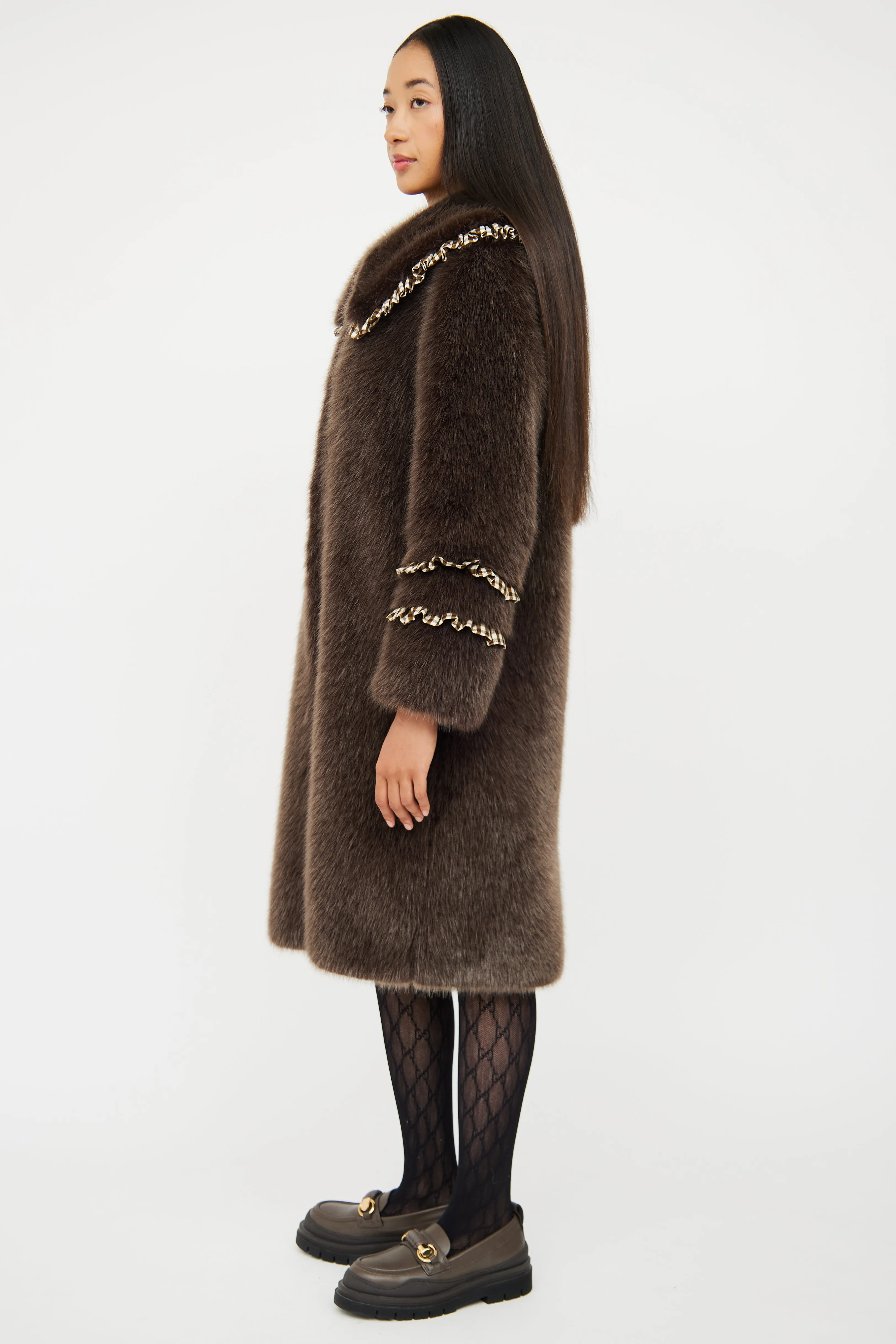 Brown Ruffle Faux Fur Coat