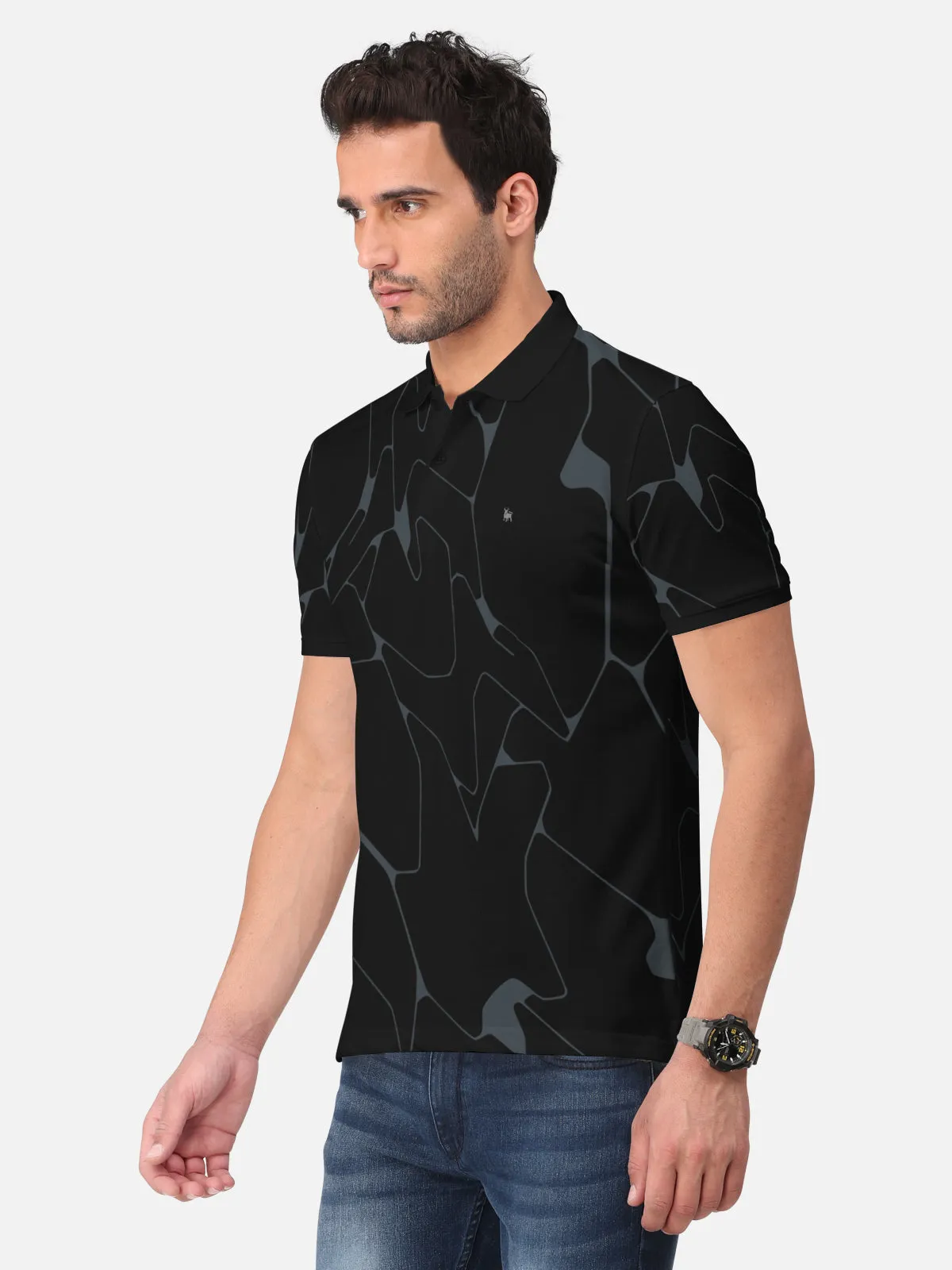 BULLMER Black Trendy Printed Half Sleeve Polo T-shirt for Mens