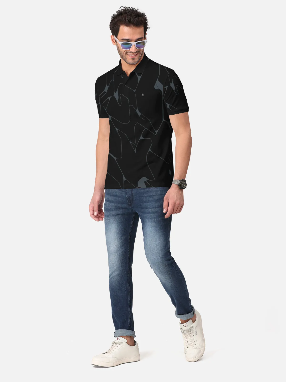 BULLMER Black Trendy Printed Half Sleeve Polo T-shirt for Mens