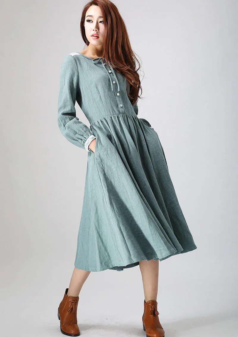 charming linen dress woman's midi dress with lace detail on shoulder and cuff custom made (794)