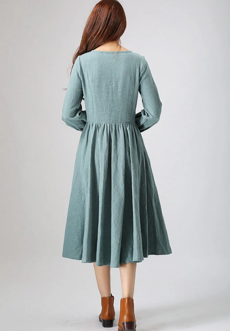 charming linen dress woman's midi dress with lace detail on shoulder and cuff custom made (794)