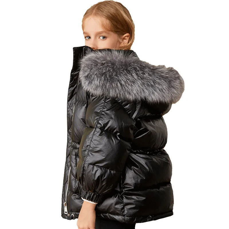 Children's down Jacket Mid-Length Big Fur Collar Kids' Coat Children GIRL'S down Coat