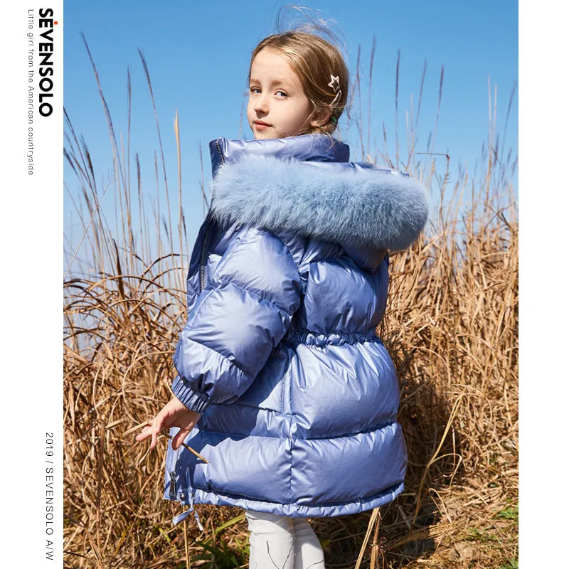 Children's down Jacket Mid-Length Big Fur Collar Kids' Coat Children GIRL'S down Coat