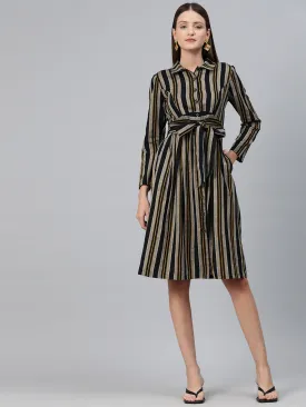 Cottinfab Women Striped Shirt Dress with Tie-Up Detail