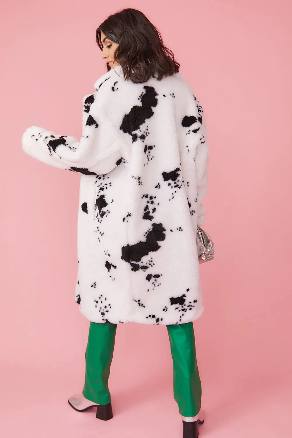 Cow Print Faux Fur Maxi Coat