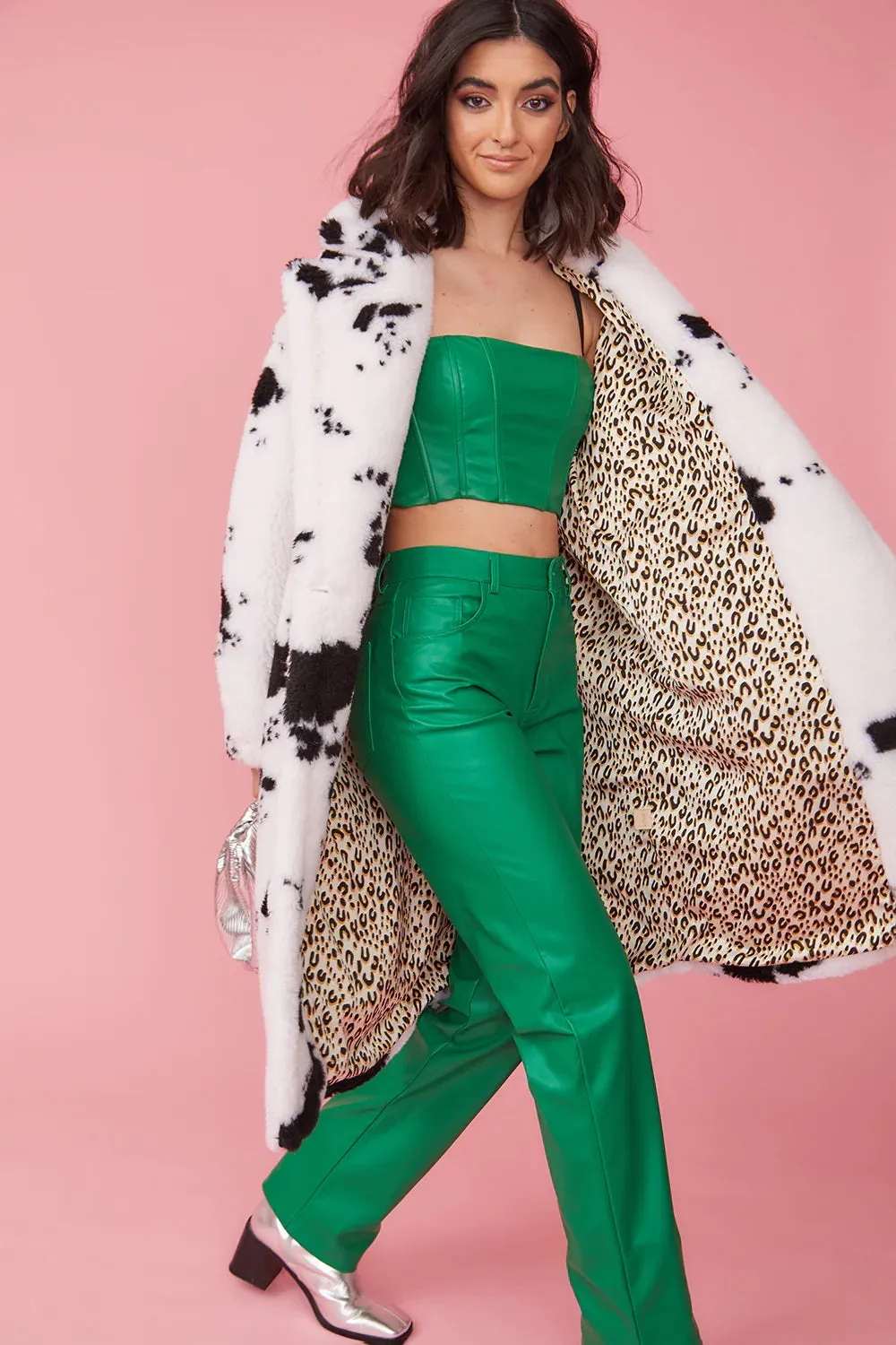 Cow Print Faux Fur Maxi Coat