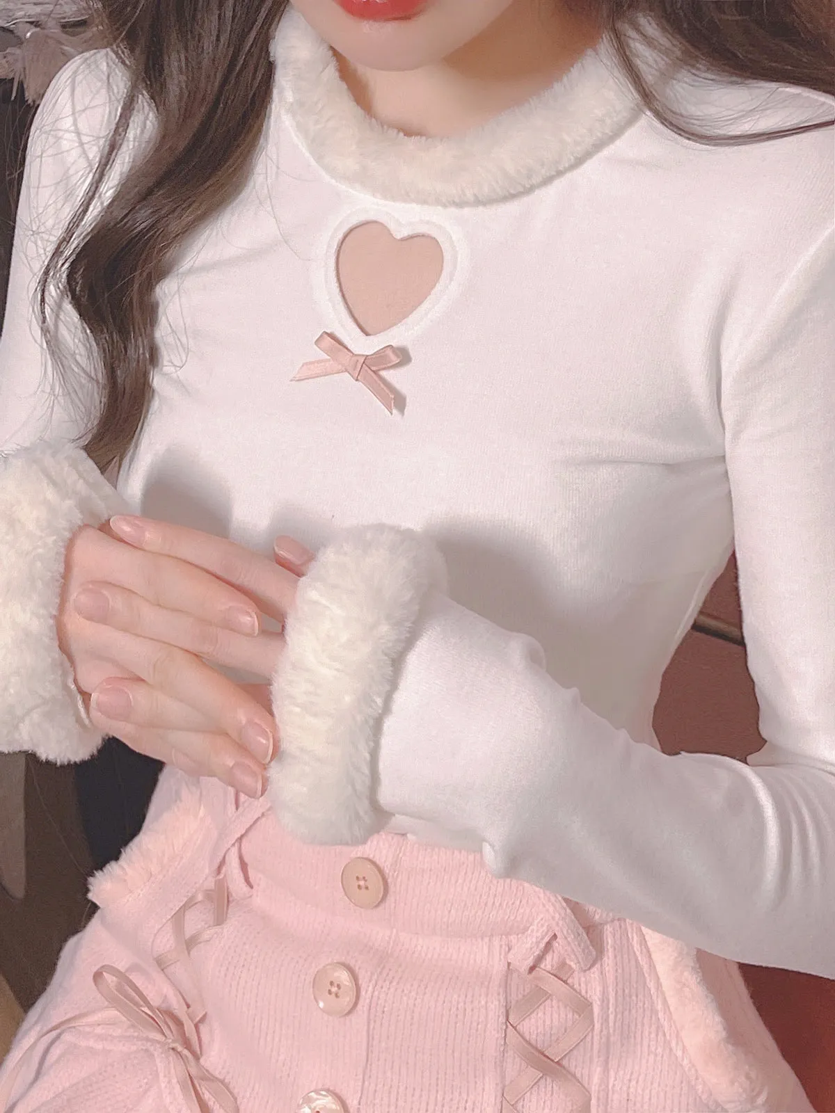 Cute Sexy Pastel White & Pink Fur Plush Sweater Top