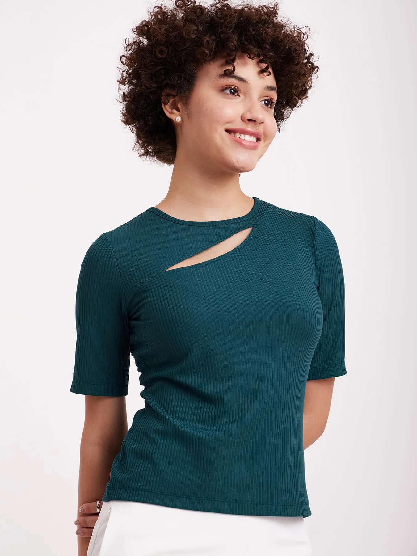 Cutout Rib Knit Top - Green