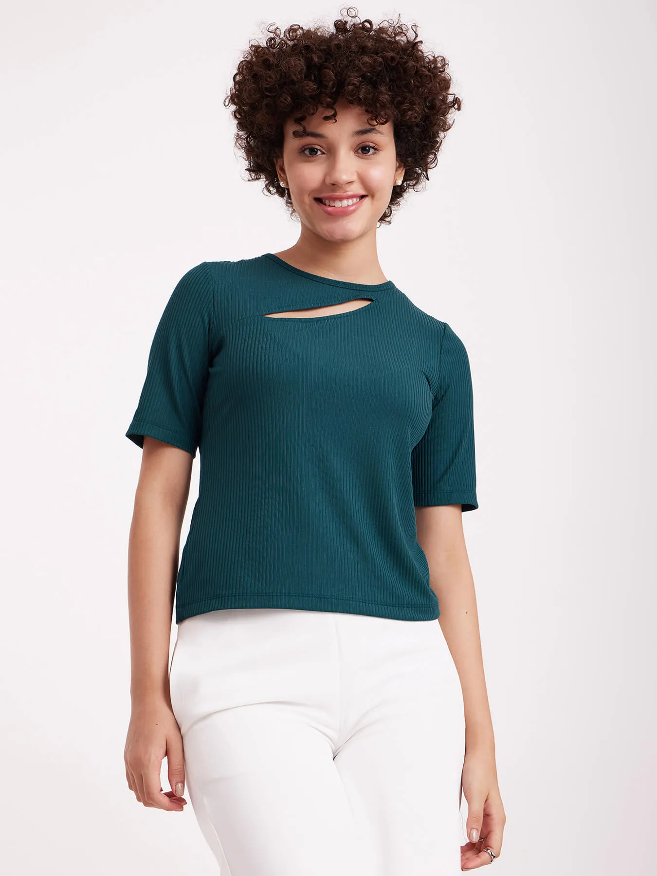 Cutout Rib Knit Top - Green