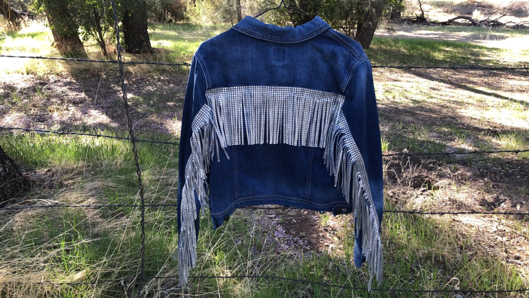 Dark Denim Rhinestone Fringe Denim Jacket