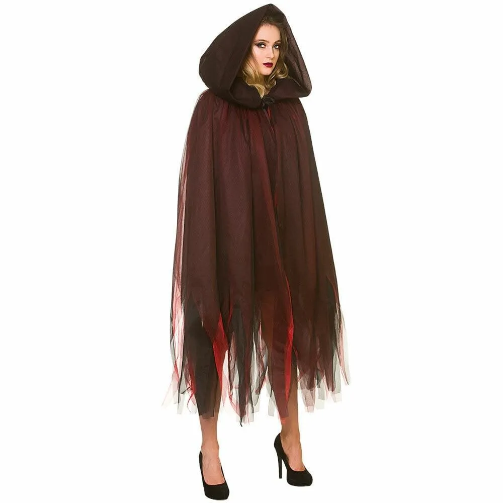 Deluxe Layered Hooded Cape Deep Red Fringed Fancy Dress