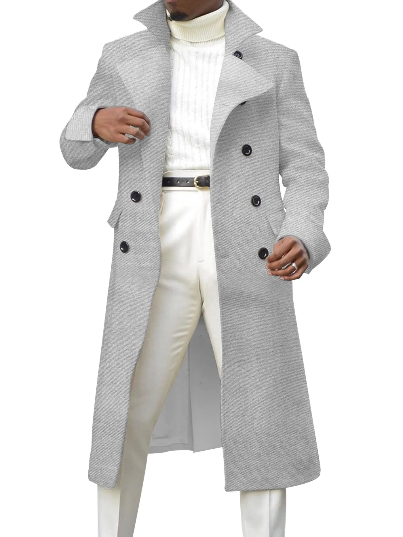 Ebifin Men's Notch Lapel Double Breasted Long Trench Coat Casual Cotton Blend Peacoat