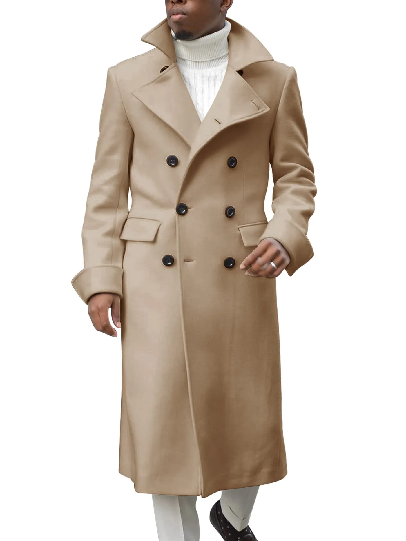 Ebifin Men's Notch Lapel Double Breasted Long Trench Coat Casual Cotton Blend Peacoat