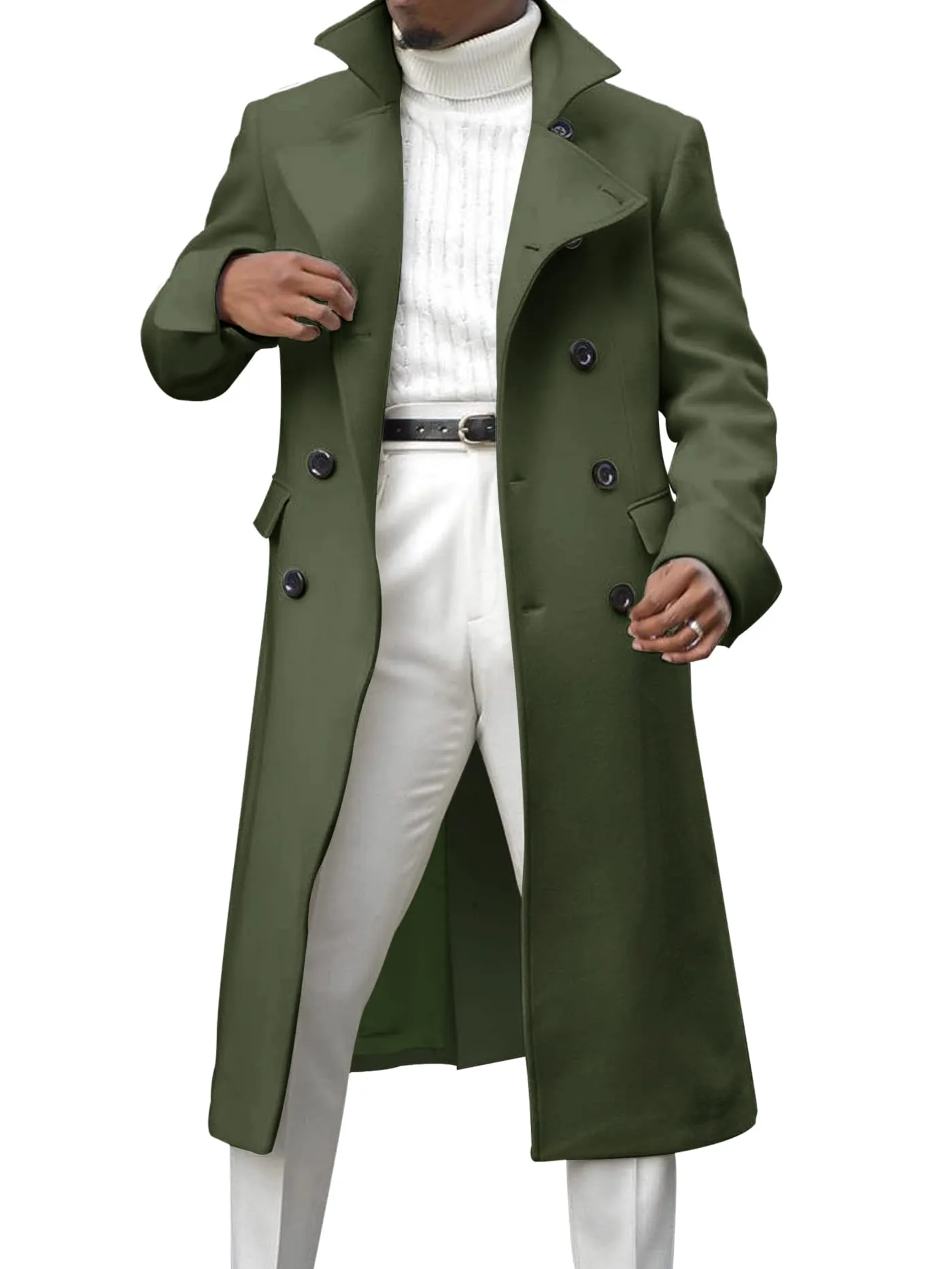 Ebifin Men's Notch Lapel Double Breasted Long Trench Coat Casual Cotton Blend Peacoat