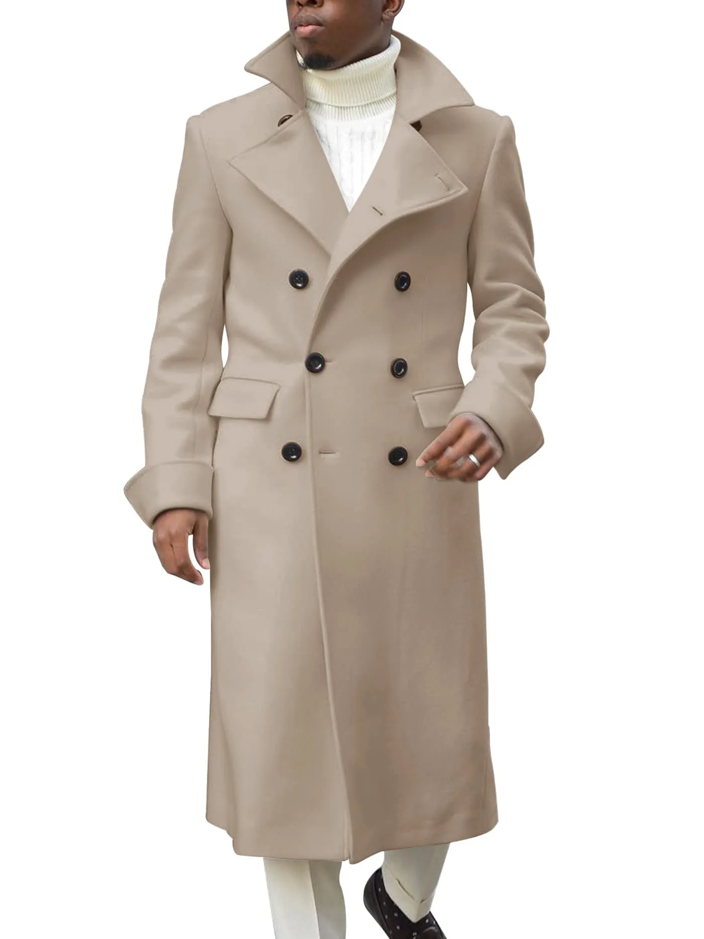 Ebifin Men's Notch Lapel Double Breasted Long Trench Coat Casual Cotton Blend Peacoat