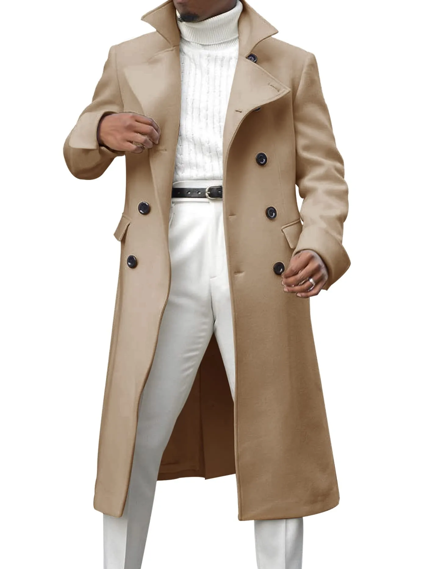 Ebifin Men's Notch Lapel Double Breasted Long Trench Coat Casual Cotton Blend Peacoat