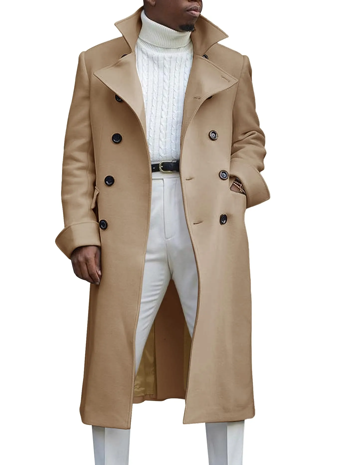 Ebifin Men's Notch Lapel Double Breasted Long Trench Coat Casual Cotton Blend Peacoat