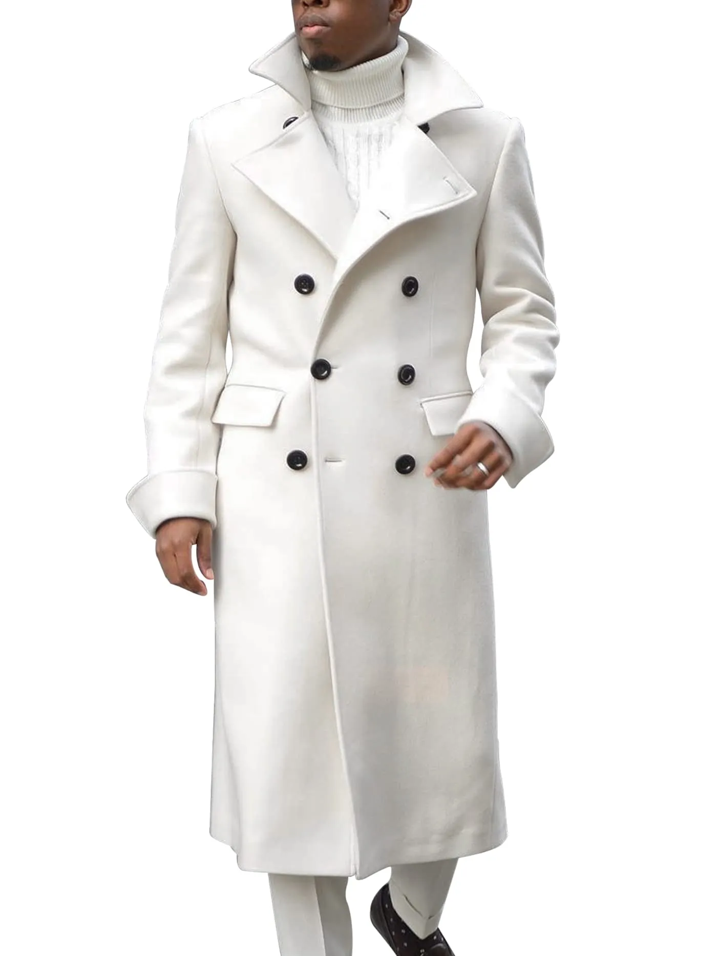 Ebifin Men's Notch Lapel Double Breasted Long Trench Coat Casual Cotton Blend Peacoat