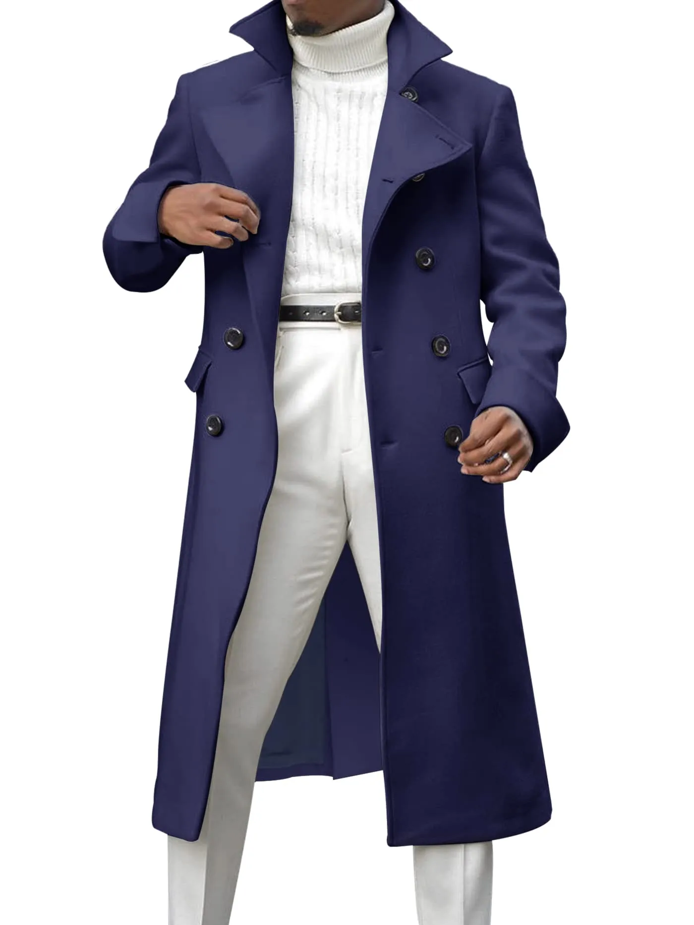 Ebifin Men's Notch Lapel Double Breasted Long Trench Coat Casual Cotton Blend Peacoat