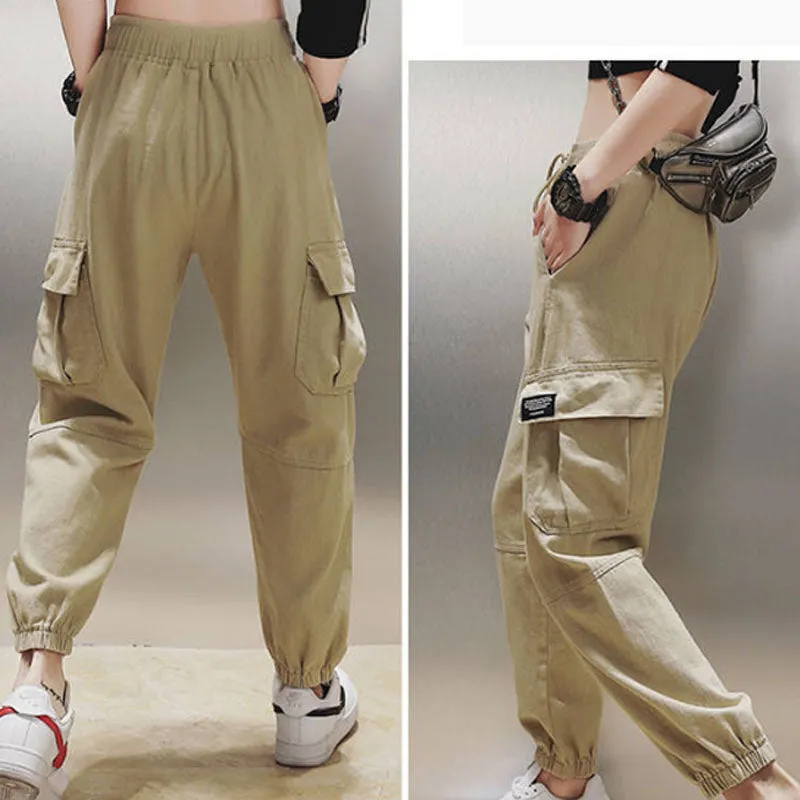 Elastic Waist Sashes Plain Pockets Pants