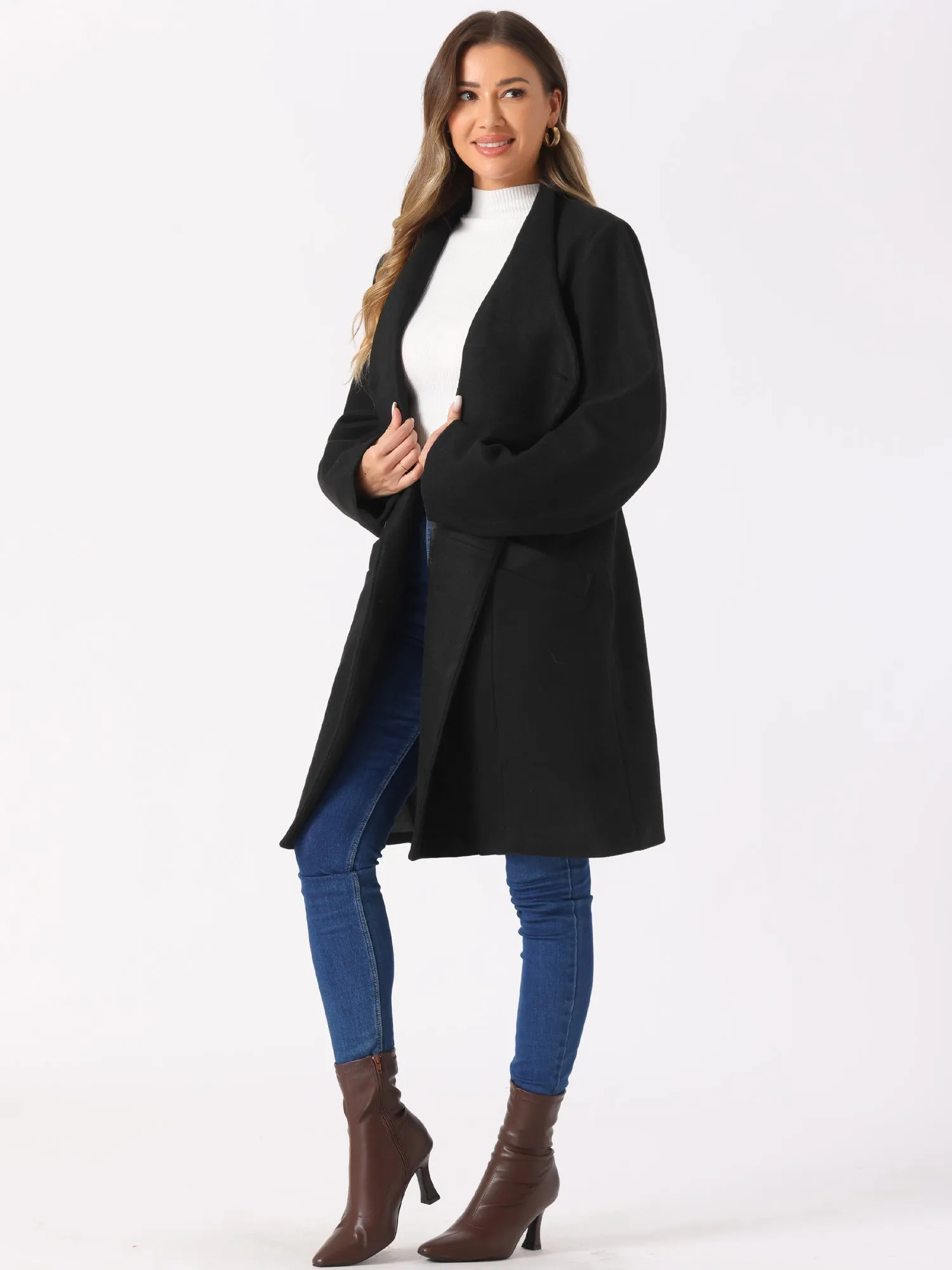 Elegant Stand Collar Long Sleeve Button Belted Winter Classic Pea Coat